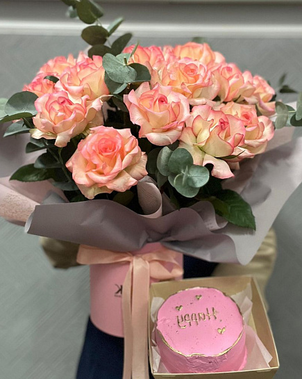 Bouquet of 11 French roses in a box + Bento cake with delivery to Almaty