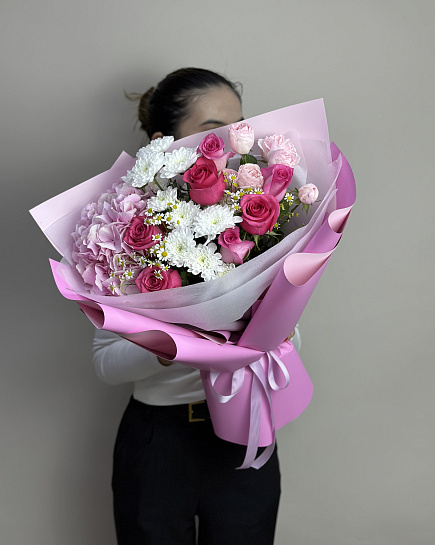 Bouquet of Euro bouquet with hydrangea and chamomile flowers delivered to Astana