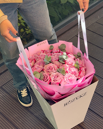 Bouquet with French roses and eucalyptus in a carrier with delivery to Astana