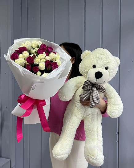 Bouquet of Combo of 11 spray roses and Nester bear 80 cm flowers delivered to Astana
