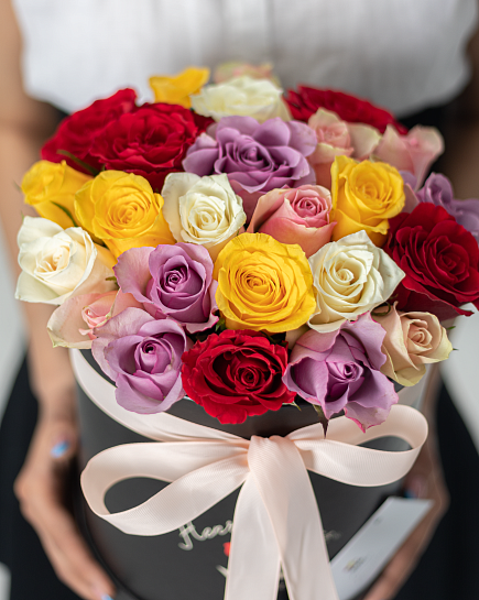 Bouquet of 25 mix roses in a black box flowers delivered to Almaty