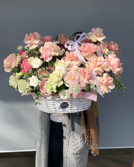 Bouquet of Prefabricated basket mix colors flowers delivered to Almaty