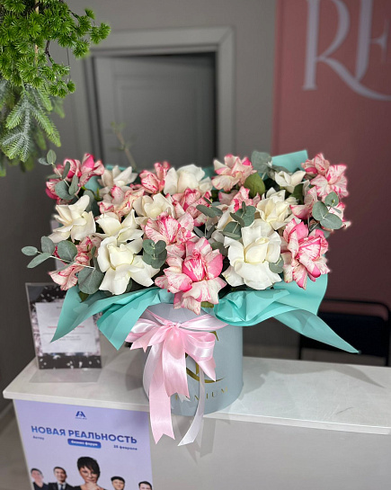 Bouquet of Delicate composition of roses and eucalyptus flowers delivered to Aktau