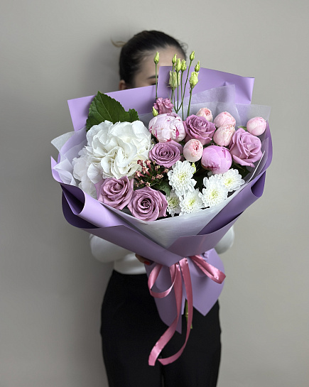 Bouquet of Euro bouquet with peonies and hydrangea flowers delivered to Astana