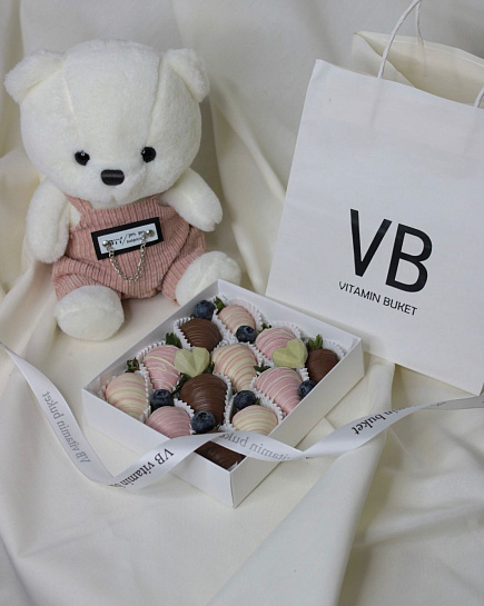Bouquet of Boo bear+chocolate covered strawberries flowers delivered to Astana