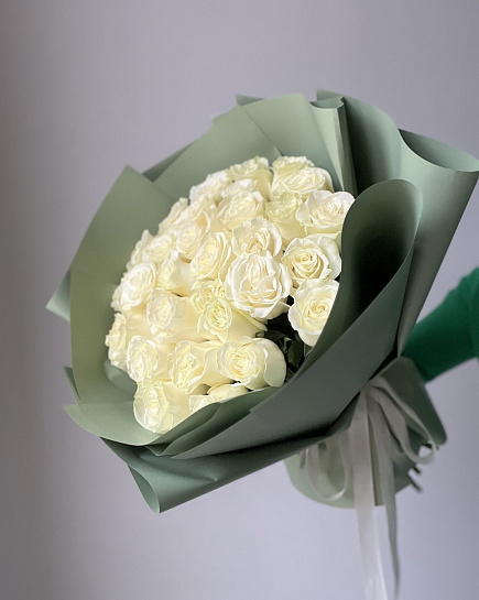 Bouquet of White roses 31pcs flowers delivered to Almaty
