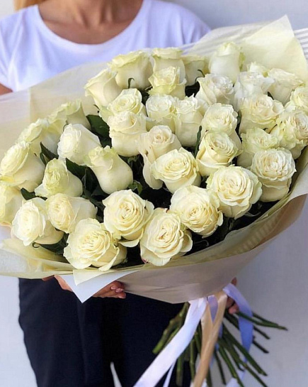 Bouquet of 51 white roses flowers delivered to Almaty