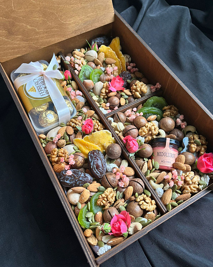 Bouquet of box with nuts, dried fruits and chocolate flowers delivered to Almaty