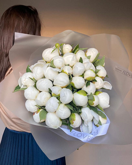 Bouquet of 35 white peonies Duchess flowers delivered to Astana