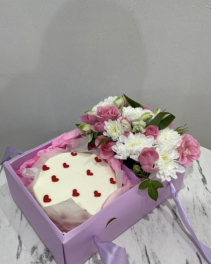 Bouquet of Combo with bento cake and flowers flowers delivered to Kostanay.