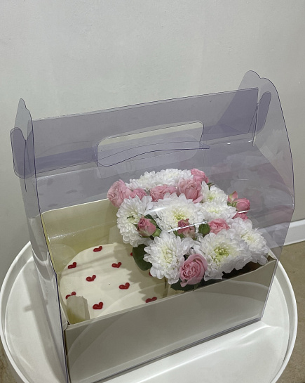 Bouquet of Combo bento cake and flowers flowers delivered to Kostanay.