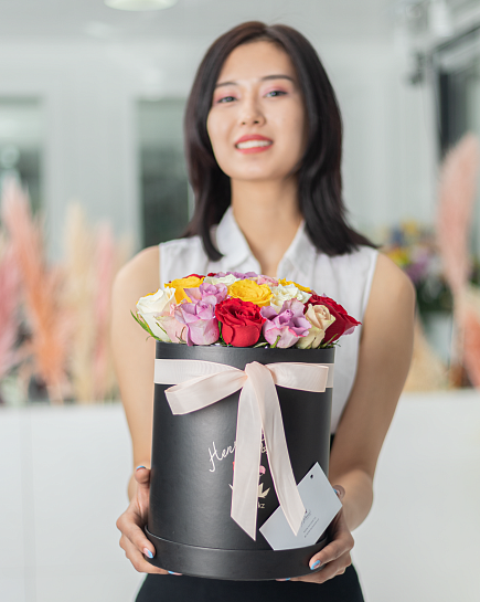 Bouquet of 25 mix roses in a black box flowers delivered to Almaty