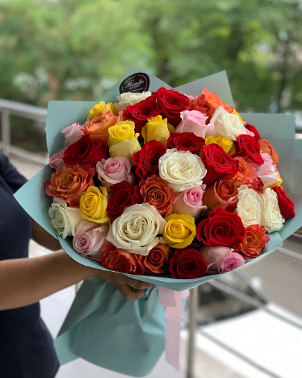 51 роза MIX 50 см в оформлении с доставкой по Алматы