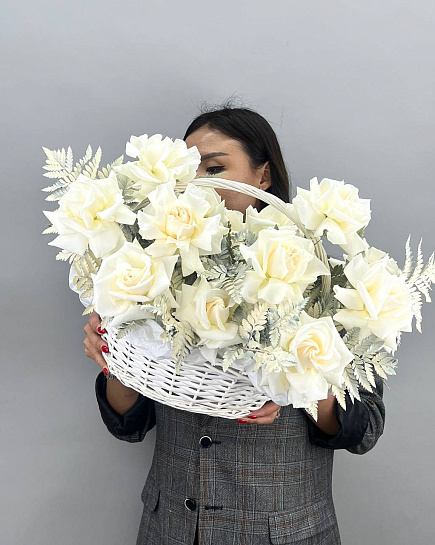 Bouquet of White roses with a basket flowers delivered to Almaty
