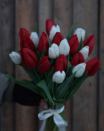 Bouquet of Red/white tulips flowers delivered to Rudniy