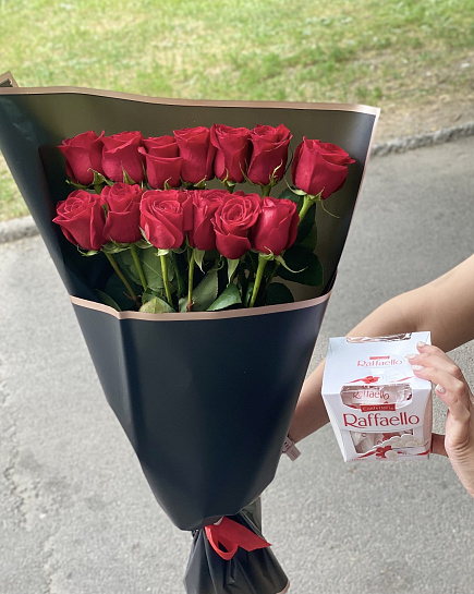 Bouquet of 13 roses and raffaello flowers delivered to Almaty