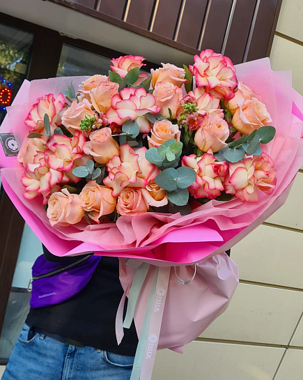 Bouquet of Elegant Pink Harmony with Eucalyptus flowers delivered to Almaty