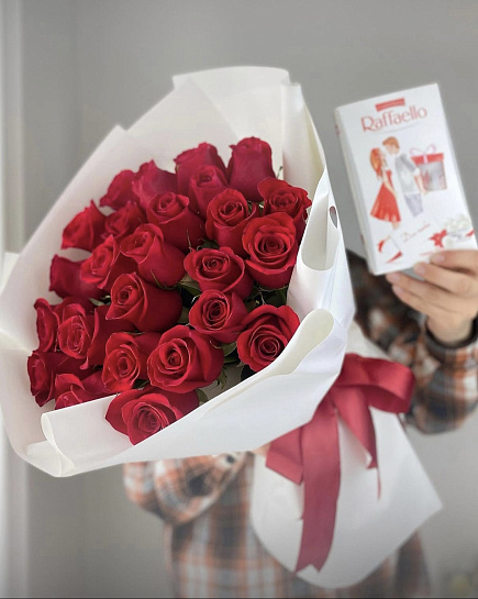 Bouquet of 27 roses and Raffaello flowers delivered to Almaty
