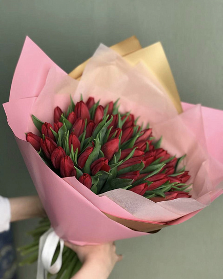 Bouquet of red tulips flowers delivered to Rudniy