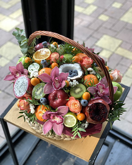 Bouquet of exotic fruit basket flowers delivered to Almaty