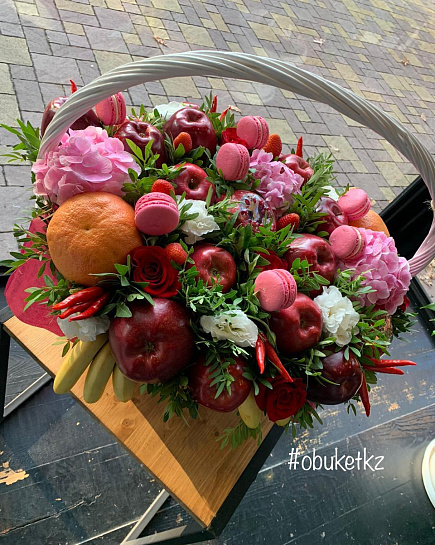 Bouquet of Fruit basket with hydrangeas flowers delivered to Almaty