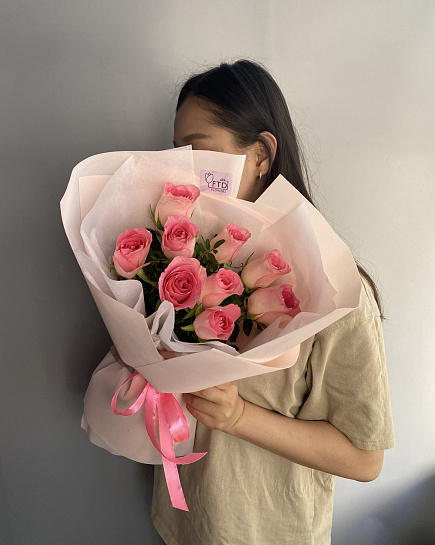 9 розовых роз 40-50см с доставкой по Астане